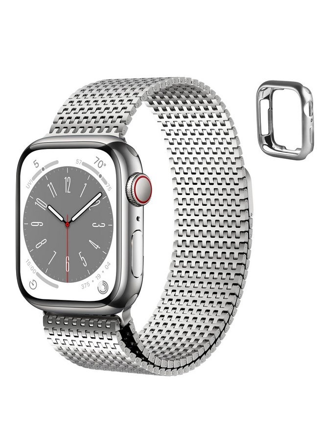 Fullmosa - Fullmosa Compatible Apple Watch Band 45mm 44mm 42mm, Stainless Steel Mesh Loop Magnetic Clasp iWatch Strap with TPU Case for Apple Watch Series 9 8 7 6 5 4 3 2 1 SE SE2 (Silver) - Image 1