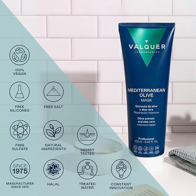 Valquer Laboratorios قناع زيت الزيتون لإصلاح الشعر التالف من فالكيور بتأثير إعادة الهيكلة 96 مكون طبيعي وصيغة خالية من الكبريتات والملح والبارابين نباتي 1000 مل - Image 2