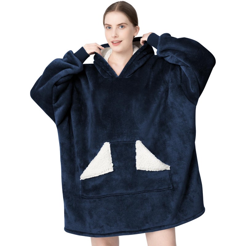 Touchat Wearable Blanket Hoodie Oversized Sherpa Blanket Sweatshirt with Hood Pocket and Sleeves Super Soft Warm Comfy Plush Hooded Blanket for Adult Women Men One Size Fits All NavyBlue