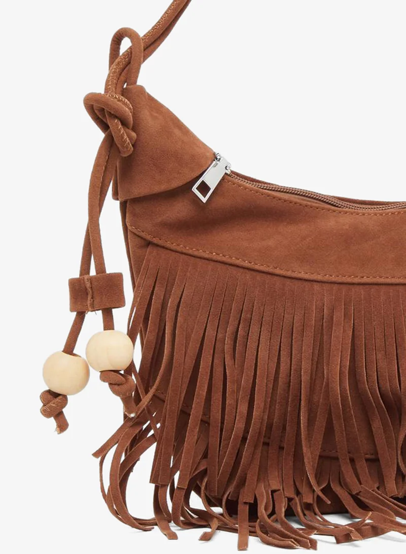Styli Brown Suede Fringed Shoulder Bag
