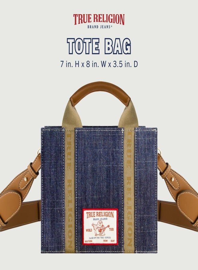 True Religion Tote Bag, Women's Mini Box Handbag with Adjustable Shoulder Strap and Front Pocket, Dark Denim - Image 2