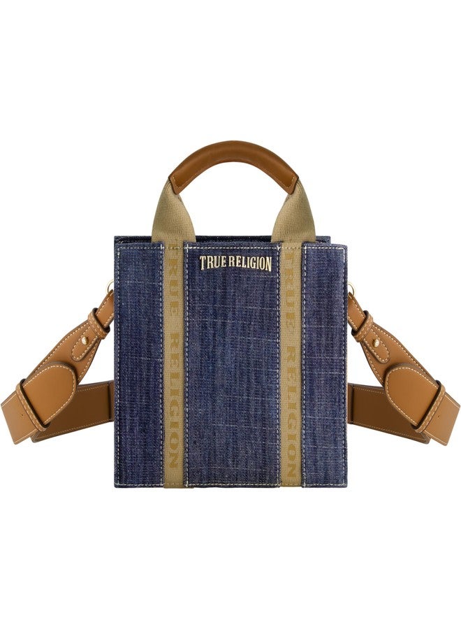 True Religion Tote Bag, Women's Mini Box Handbag with Adjustable Shoulder Strap and Front Pocket, Dark Denim - Image 1