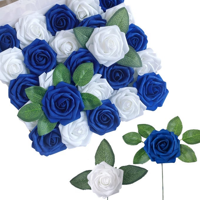 ARTIFICIAL FLOWERS 25 PCS FAKE NAVY BLUE WHITE ROSES FOR DIY WEDDING BOUQUETS BRIDE CAKE FLOWER DECOR BABY SHOWER CENTERPIECES FLORAL ARRANGEMENTS PARTY HOME TABLE DECORATIONS