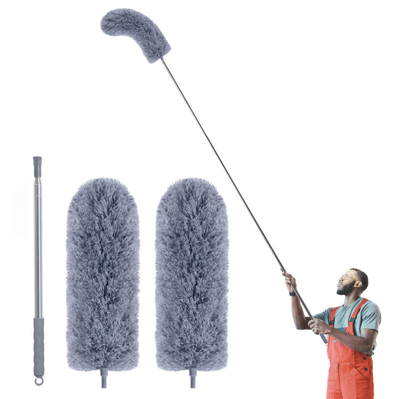 IVYROLL Duster with Extension Pole for Cleaning 2 Microfiber Heads Kit 100 Long Feather Duster for High Ceilings with Washable Head Cleaning Supplies for Housekeeping Ceiling Fan Furniture