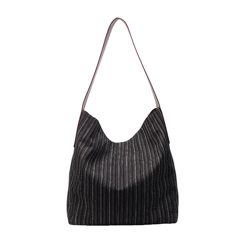 Large-Capacity Tote Bag Simple Striped Shoulder Bag Women'S 2025 Fashion Canvas Bucket Bag - Image 1