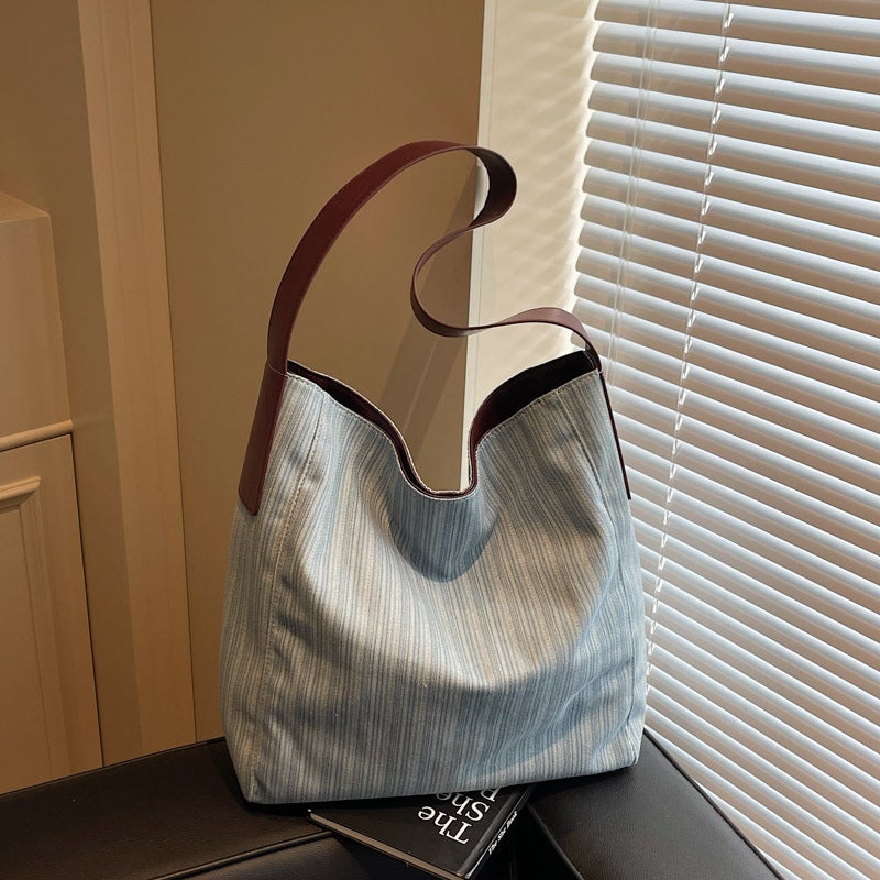 Large-Capacity Tote Bag Simple Striped Shoulder Bag Women'S 2025 Fashion Canvas Bucket Bag - Image 3