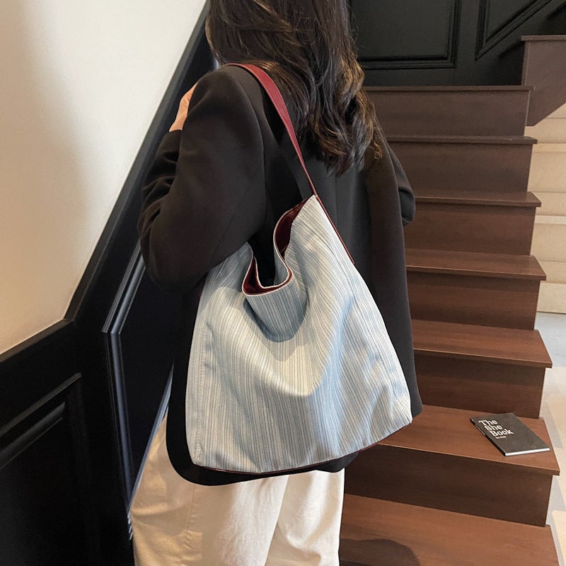 Large-Capacity Tote Bag Simple Striped Shoulder Bag Women'S 2025 Fashion Canvas Bucket Bag - Image 4