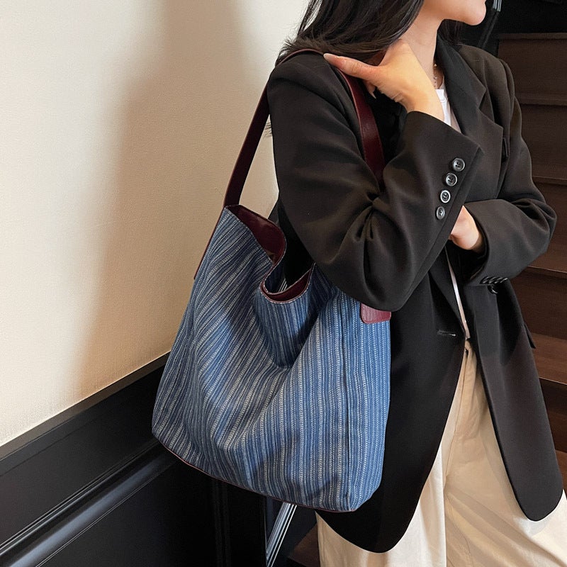 Large-Capacity Tote Bag Simple Striped Shoulder Bag Women'S 2025 Fashion Canvas Bucket Bag - Image 5
