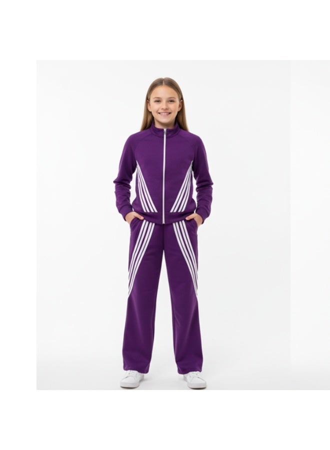 Caesar Girls' winter tracksuit with velvet lining and striped design - Image 1