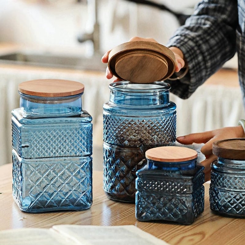 ANSQU Square Glass Canister, 61oz Candy Jar with Lid, Glass Food Storage Containers for Ground Coffee, Tea, Sugar, Decorative Mason Jar Cookie Jars (Blue) - Image 3