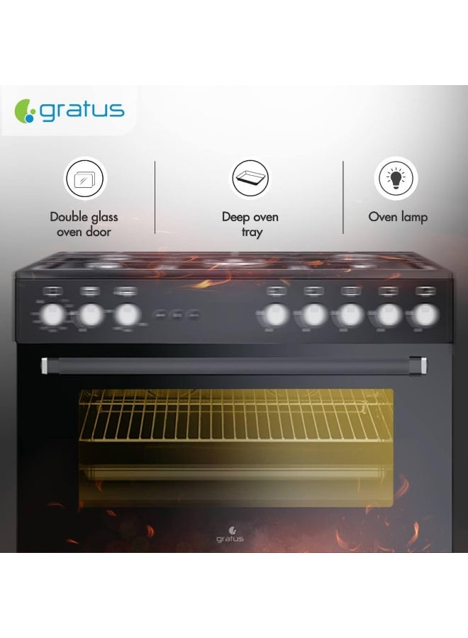 gratus موقد غاز قائم بذاته كامل الأمان 90 × 60 سم - أسود • 5 شعلات غاز على الطراز الأوروبي • مروحة تبريد داخلية • فرن XXL • شبكات من الحديد الزهر • صنع في تركيا • الطراز GGR951F1BS1 - Image 5