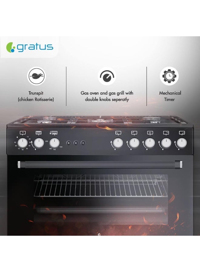 gratus موقد غاز قائم بذاته كامل الأمان 90 × 60 سم - أسود • 5 شعلات غاز على الطراز الأوروبي • مروحة تبريد داخلية • فرن XXL • شبكات من الحديد الزهر • صنع في تركيا • الطراز GGR951F1BS1 - Image 4