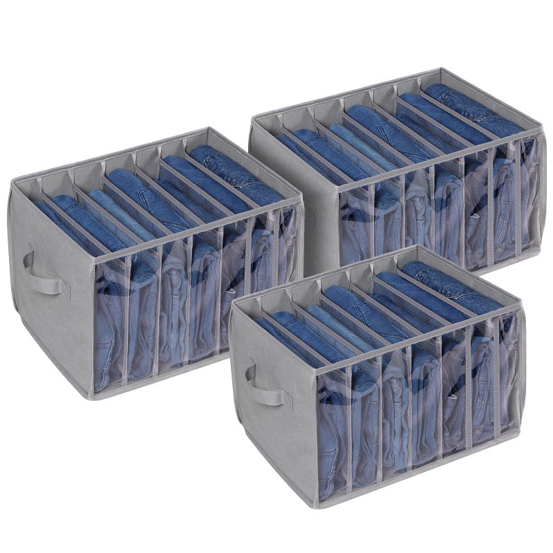 Zilink Upgraded Wardrobe Clothes Organizer with Support Board Clear Pants Organizer Bins for Closet with 7 Grids Divider Sweater Organizer for Closet for Jean Pant Sweater Legging T-Shirt, 3 Pack - Image 1