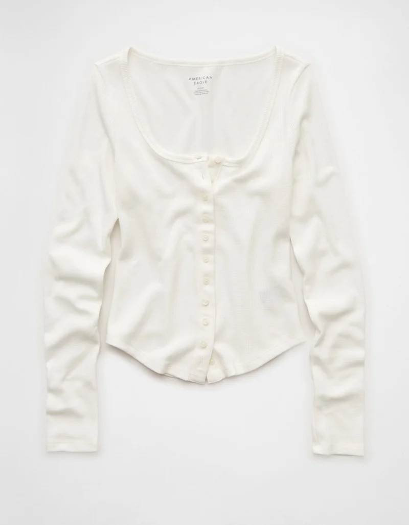 American Eagle  AE Waffle Long Sleeve Button-Up Tee for Women | Best Price UAE