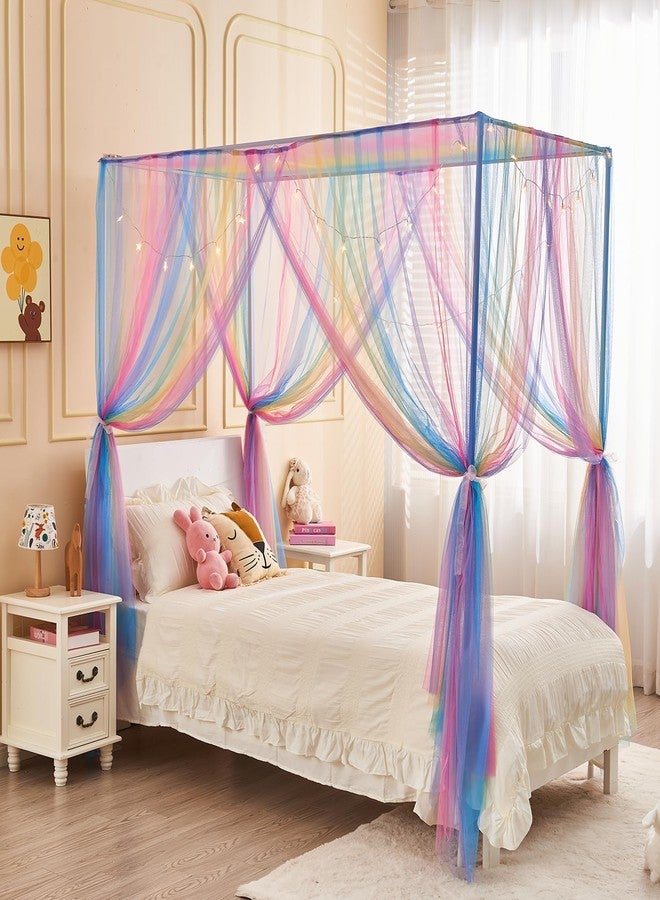 JQWUPUP Rainbow Bed Canopy for Girls Kids, 4 Corner Post Princess Twin Canopy Bed Curtains with DIY Star Stickers for Bedroom Decor - Image 3