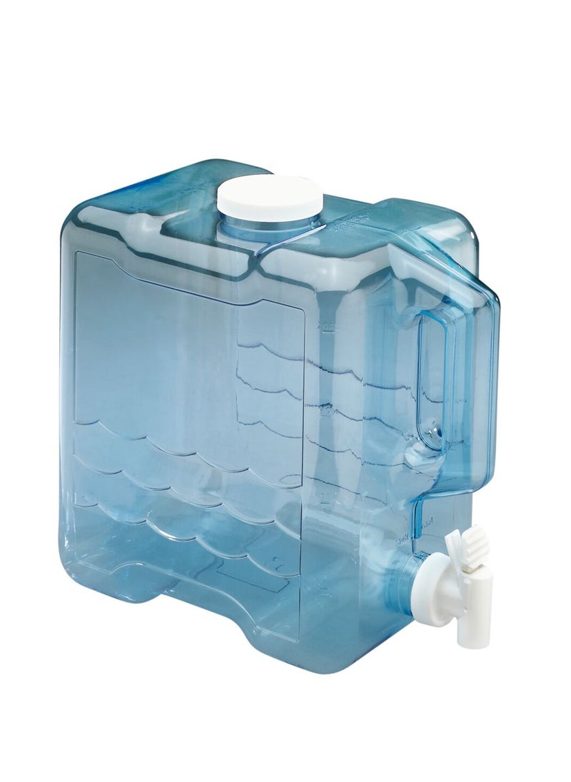 Blue 2-gallon beverage and water storage container with handle allows for mess-free dispensing