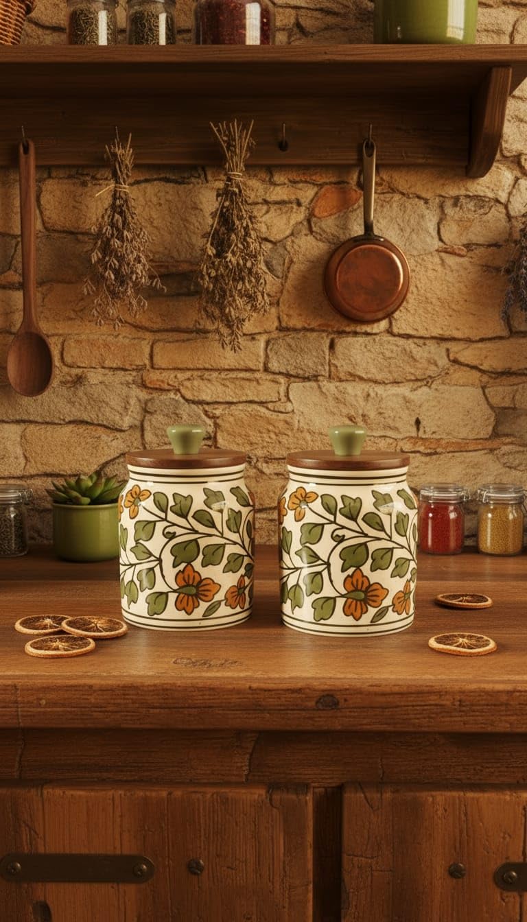 THE WHITE SPACE LIVING Handcrafted Ceramic Storage Jar - Greenhouse Bloom Design with Wooden Lid - Image 4