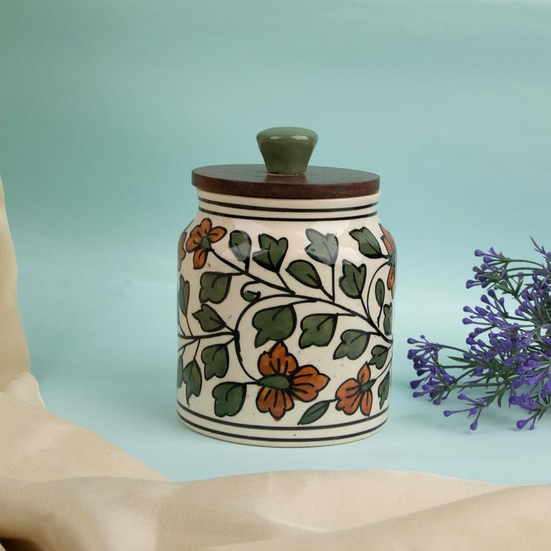 THE WHITE SPACE LIVING Handcrafted Ceramic Storage Jar - Greenhouse Bloom Design with Wooden Lid - Image 5