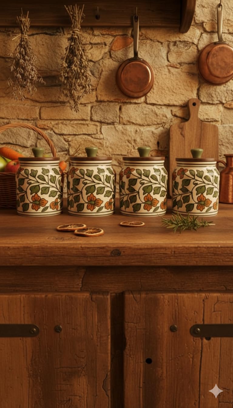 THE WHITE SPACE LIVING Handcrafted Ceramic Storage Jar - Greenhouse Bloom Design with Wooden Lid - Image 3
