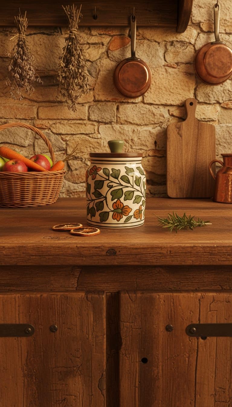 THE WHITE SPACE LIVING Handcrafted Ceramic Storage Jar - Greenhouse Bloom Design with Wooden Lid - Image 1