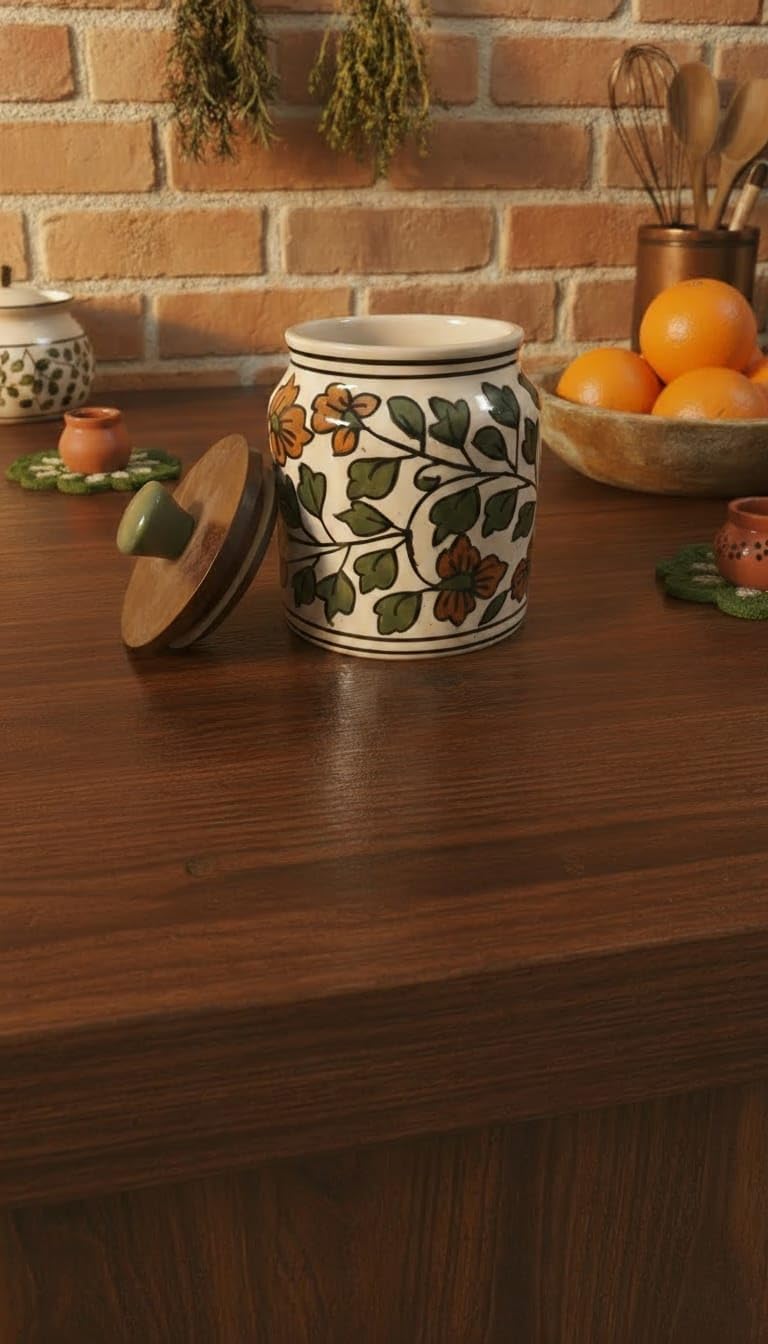 THE WHITE SPACE LIVING Handcrafted Ceramic Storage Jar - Greenhouse Bloom Design with Wooden Lid - Image 2