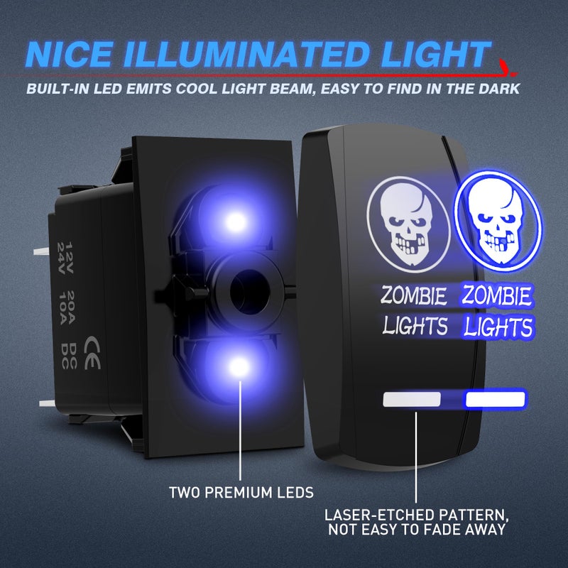 MicTuning MIC-LSK1 Zombie Lights Symbol Rocker Switch On-Off LED Light, 20A, 12V, Blue - Image 3