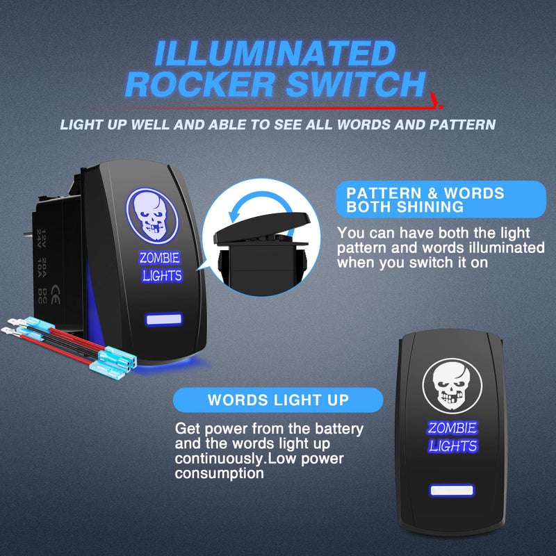 MicTuning MIC-LSK1 Zombie Lights Symbol Rocker Switch On-Off LED Light, 20A, 12V, Blue - Image 2