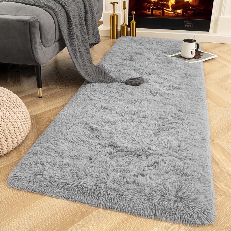 Ompaa Ompaa Fluffy Grey Hallway Runner Rugs for Bedroom Bed Side NonSlip 2x6 Feet Long Carpet Rug Runner for Entrance Living Room Dorm Plush Kids Playroom Baby Girls Nursery Decor Mats 