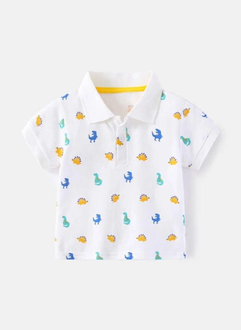 YUNIQEE White Printed Polo Collar Pure Cotton T-shirt