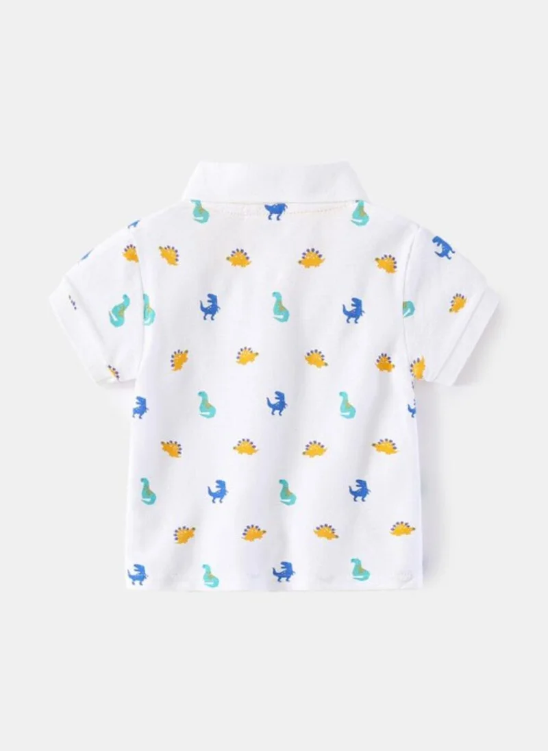 YUNIQEE White Printed Polo Collar Pure Cotton T-shirt