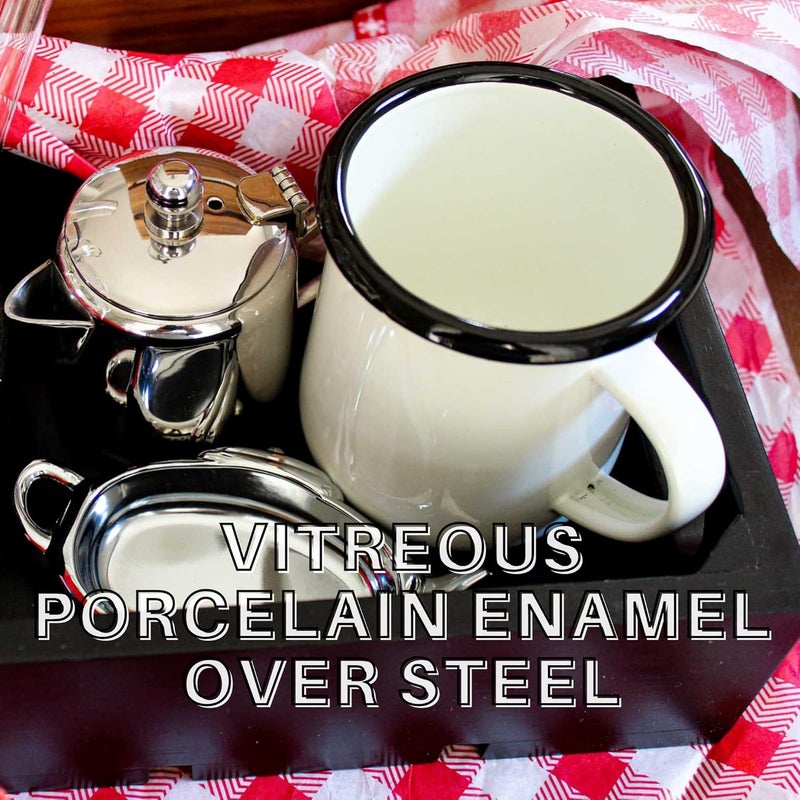 Tablecraft Enamelware Collection Black Rim Solid White Enamel Coffee Cup Mugs Camping RV Farmhouse Home  Restaurant Use Porcelain Over Steel Classic Vintage Boho Retro Style 6 Oz - Image 3