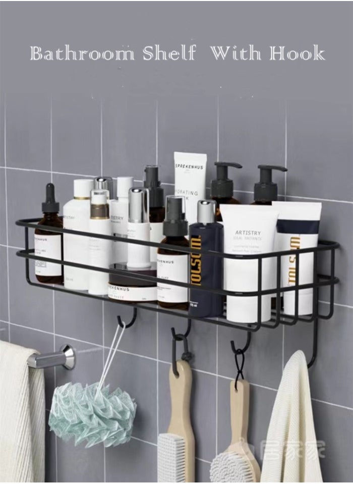 Kutis 1-Piece Bathroom Rack Shower Shampoo Organizer Wall Mounted Storage Rack And Hooks Steel Black 27x10x10 Centimeter  - Image 1
