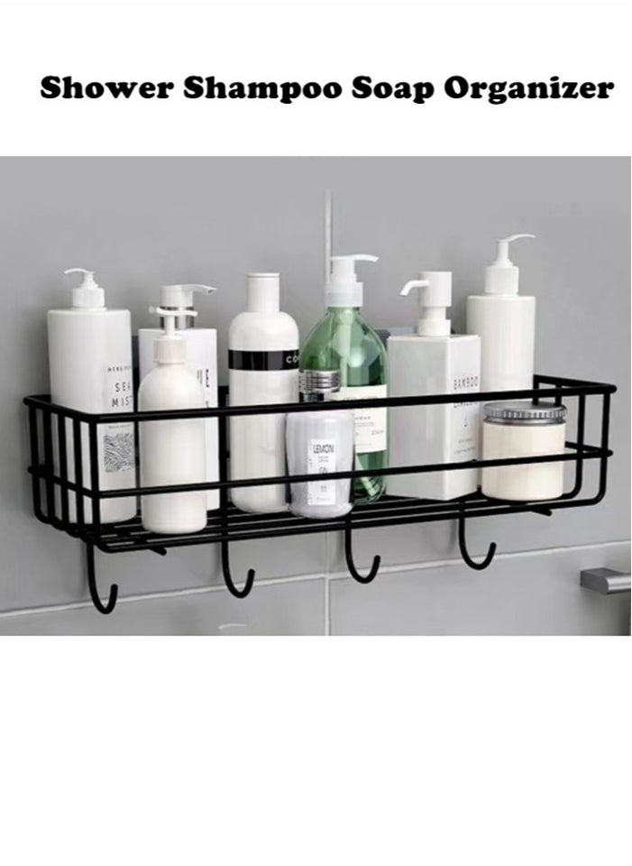Kutis 1-Piece Bathroom Rack Shower Shampoo Organizer Wall Mounted Storage Rack And Hooks Steel Black 27x10x10 Centimeter  - Image 2