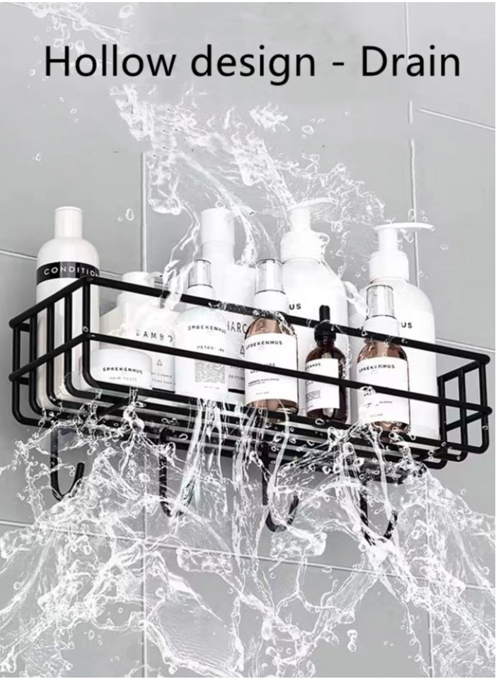 Kutis 1-Piece Bathroom Rack Shower Shampoo Organizer Wall Mounted Storage Rack And Hooks Steel Black 27x10x10 Centimeter  - Image 3