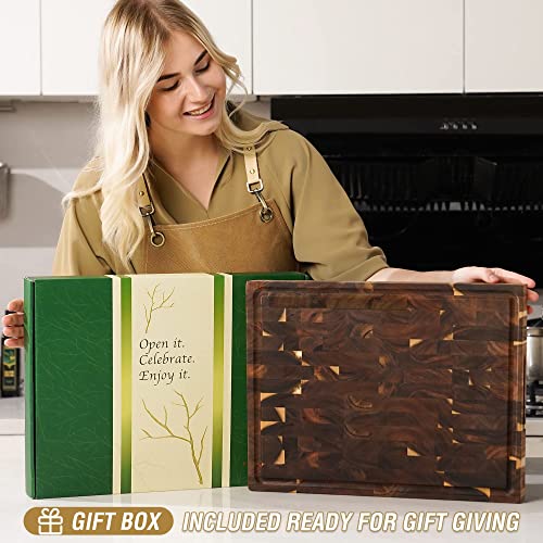 AZRHOM Large Thick End Grain Acacia Wood Butcher Block 17x13x1.5 in Wood Cutting Board for Kitchen with Non-slip Mats Juice Groove & Handles (Gift Box) - Image 3