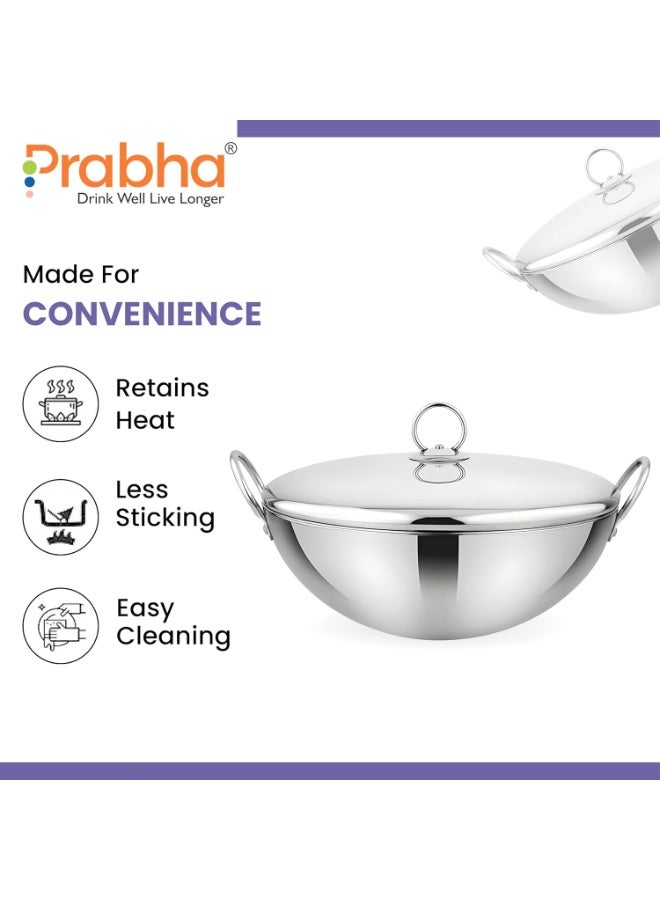 Prabha Capsule Round Bottom Kadhai 5.8 L -32 CM | Tri-Ply Layer Steel kadhai with Lid | Compatible with Gas Stove | Cookware kadai for Cooking | Kadhai for Deep Frying | kadai Induction Base/Stove - Image 2