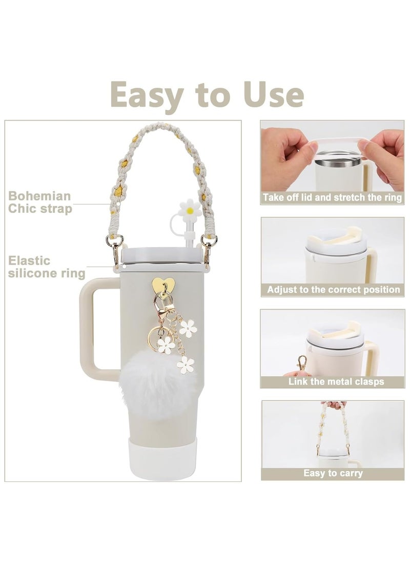 Y&D 7pcs Cup Accessories for Stanley Set Including 1 Pcs Water Bottle Handle Strap 1 Pcs Siliocne Stanley Cup Boot 1 Pcs Siliocne Straw Cover, 2 Pcs Charms for Stanley Cup 40oz & 30oz Tumbler (White)  - Image 3
