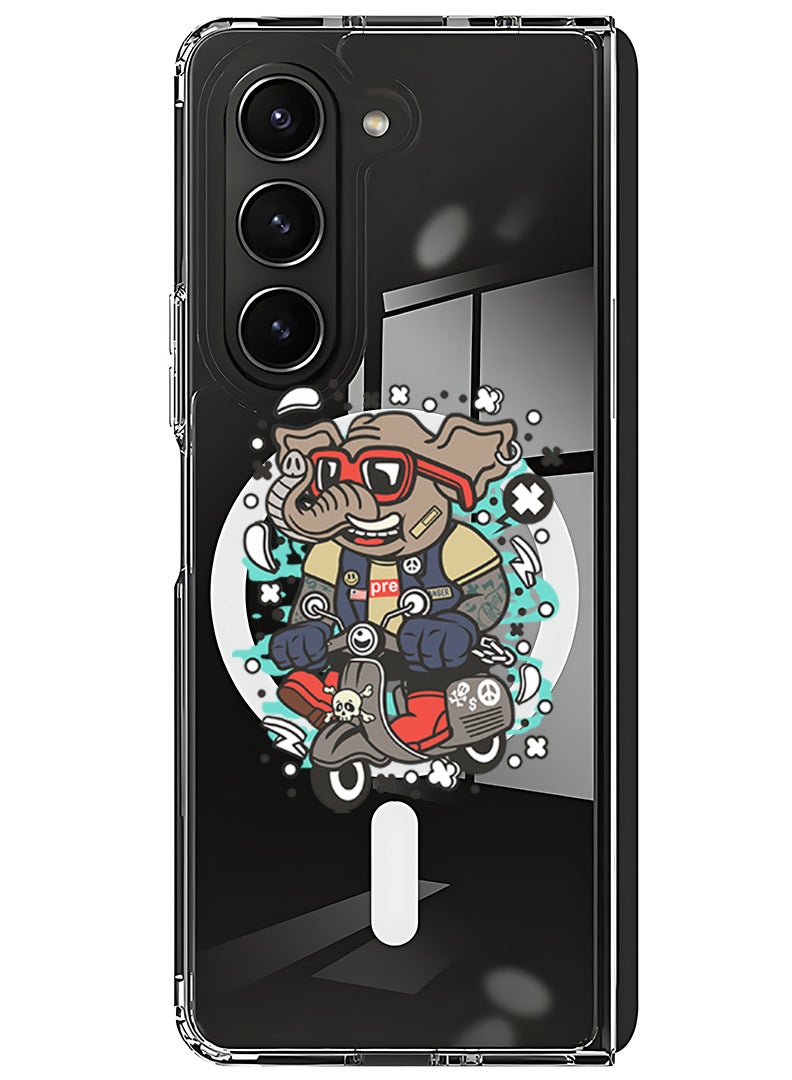 Theodor Magnetic Case for Samsung Galaxy Z Fold 5 Compatible with MagSafe Wireless Charging, Shockproof Phone Bumper Cover Elephant on bike - Image 1