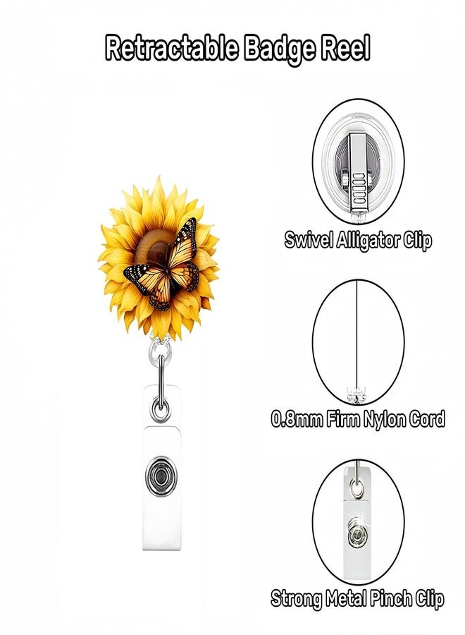 OCOUYVD Yellow Sunflower Butterfly Badge Clip Cute Funny Badge Reels Retractable Name Badge Reel Glitter Badge Clip Summer Retractable Badge Holders Id Badge Reel for Nurse Doctor Student Office Gifts - Image 3