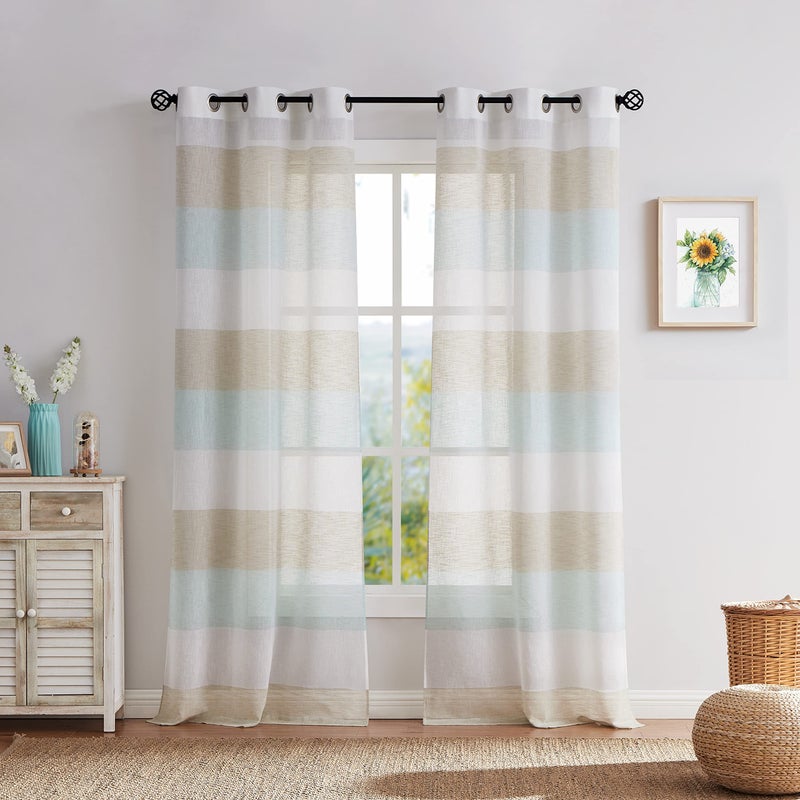 Central Park Tan and Spa Blue Stripe Sheer Color Block Window Curtain Panel Linen Window Treatment for Bedroom Living Room Farmhouse 108 inches Long with Grommets 2 Panel Rustic Drapes