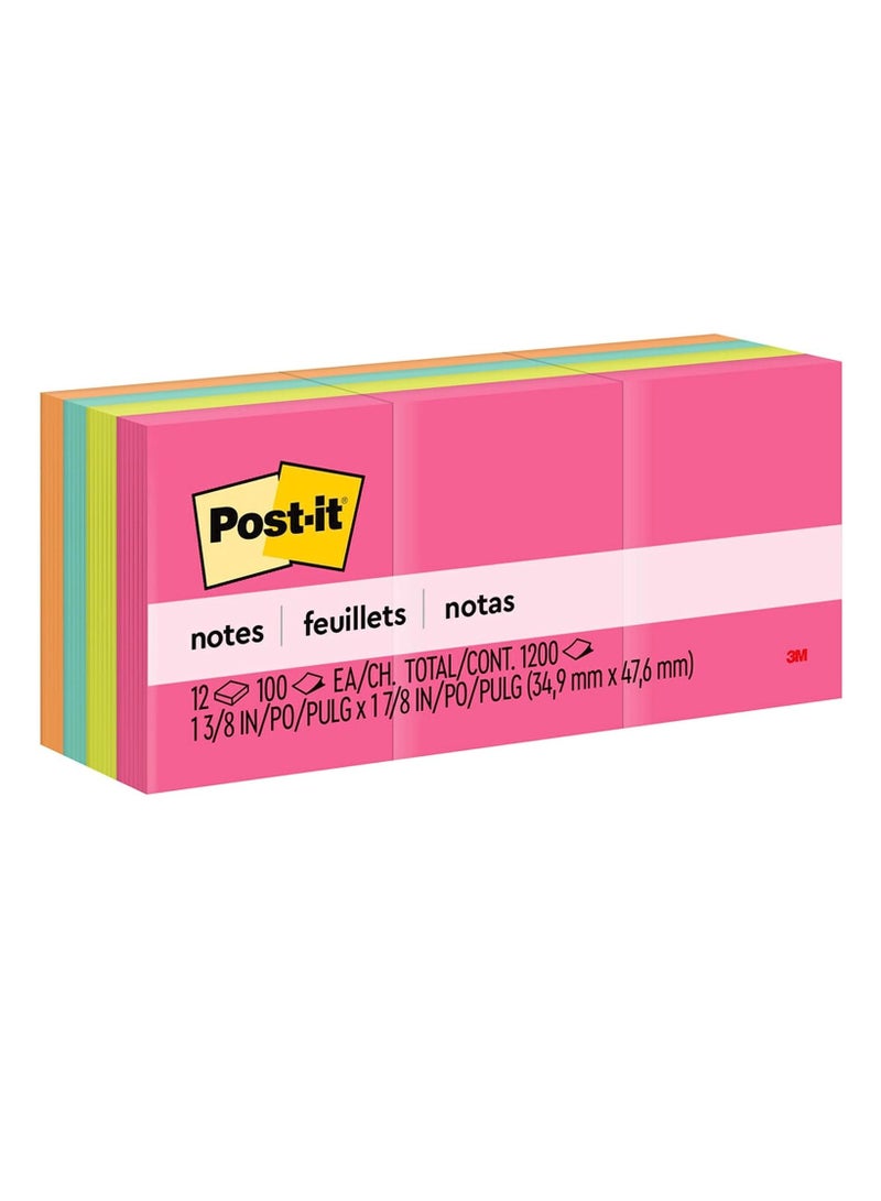 Post It 12-Pad Post-It Sticky Notes 1.5x2 Inch Size Neon Colours - Image 1