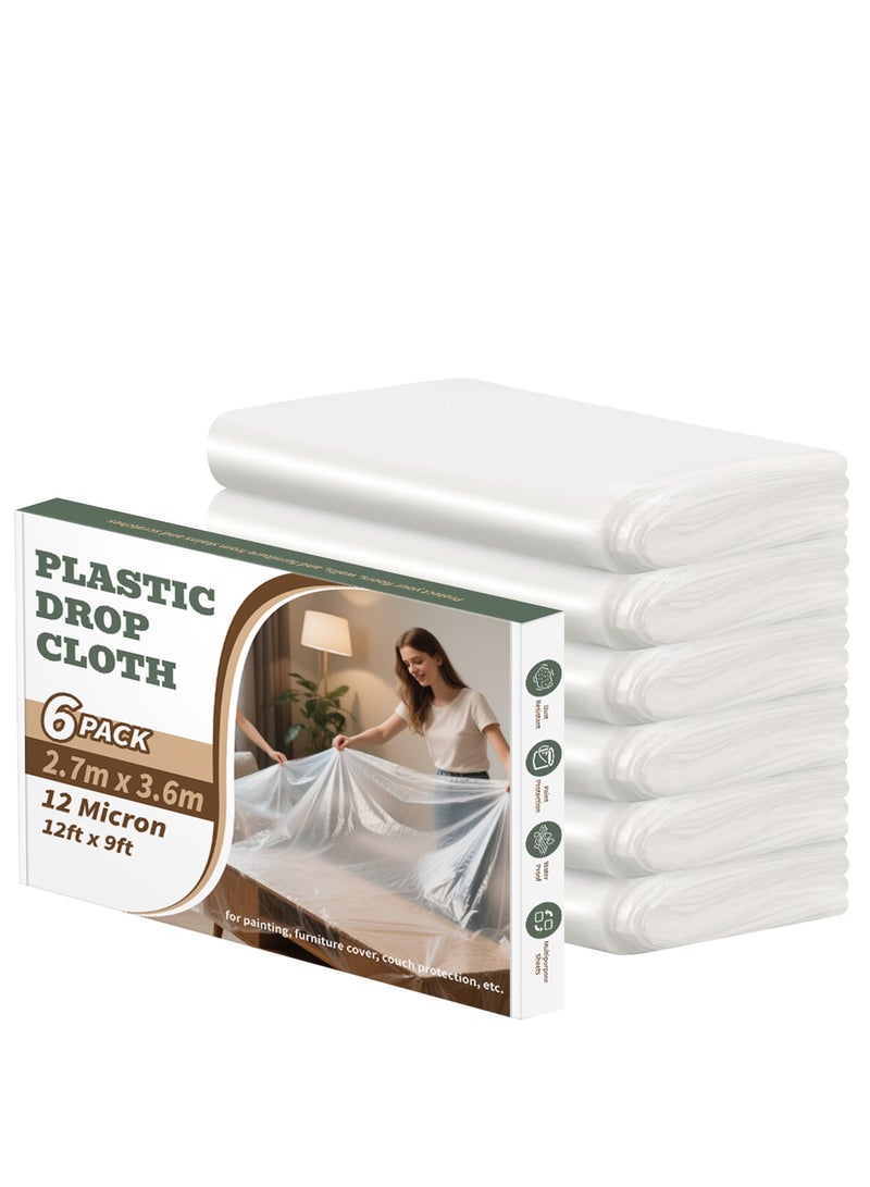 6 Pack Plastic Drop Cloth, 9x12 Ft Plastic Sheeting for Painting, Dust-Proof Tear-Resistant Painters Plastics Tarp Cloth for Furniture Floor Sofa Protector Cover Durable & Thick - Image 1