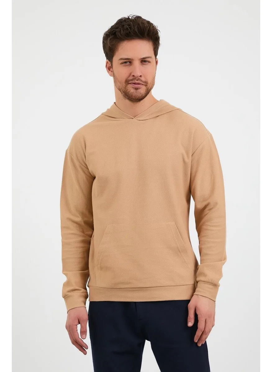 Odelon Men's Plain Kangaroo Pocket Spring Hooded Sweatshirt Beige