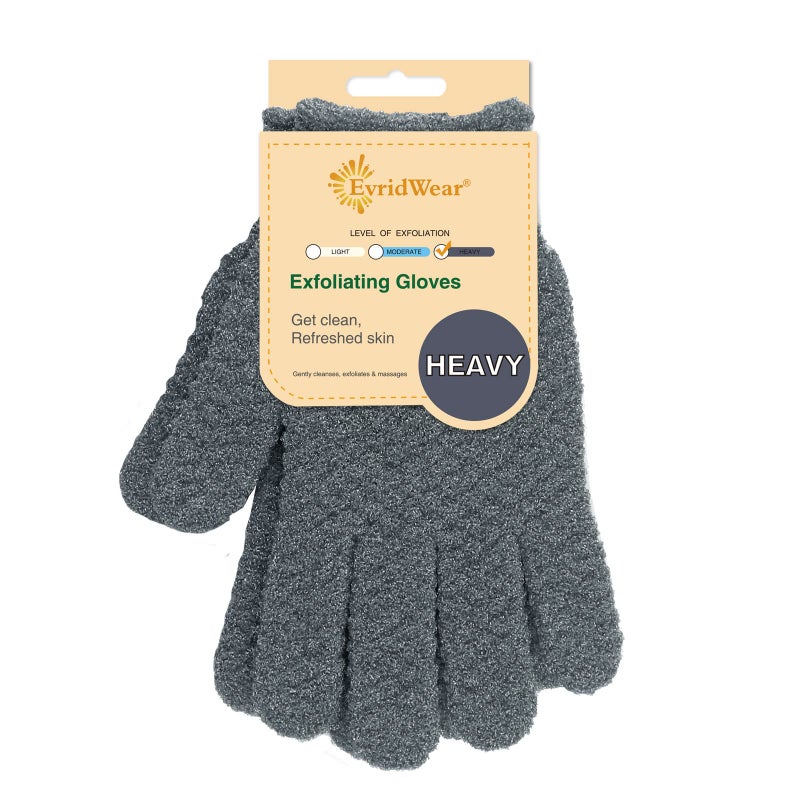 Evridwear Evridwear Exfoliating Dual Texture Bath Gloves for Shower Spa Massage and Body Scrubs Dead Skin Cell Remover Gloves with Hanging Loop 1 Pair Gray Heavy Glove 