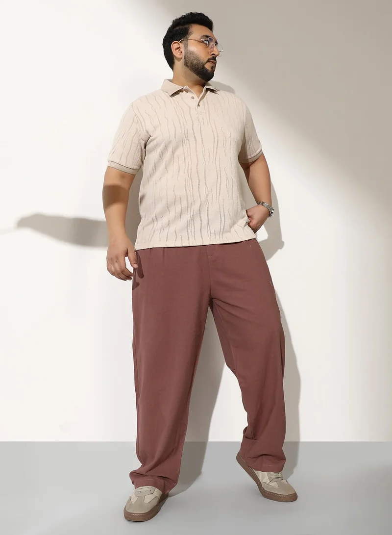 Instafab Plus  Men Linen-Blend Pleated Trousers | Mid-Rise, Double-Closure Extended Waistband | Button, Straight Hem | Solid Plain Woven Fabric For Casual & Daily | Grape Brown for Men | Best Price UAE