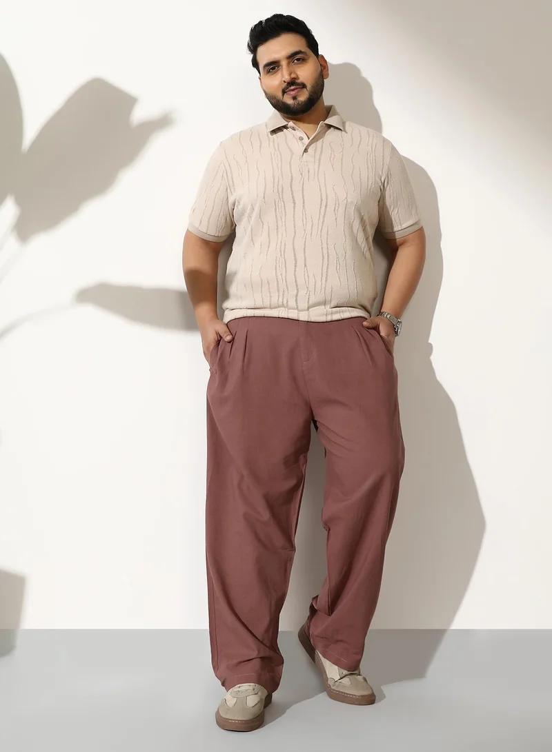 Instafab Plus  Men Linen-Blend Pleated Trousers | Mid-Rise, Double-Closure Extended Waistband | Button, Straight Hem | Solid Plain Woven Fabric For Casual & Daily | Grape Brown for Men | Best Price UAE