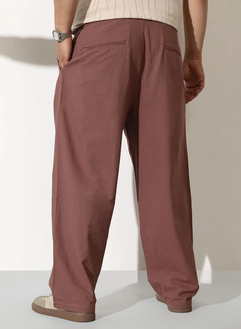 Instafab Plus  Men Linen-Blend Pleated Trousers | Mid-Rise, Double-Closure Extended Waistband | Button, Straight Hem | Solid Plain Woven Fabric For Casual & Daily | Grape Brown for Men | Best Price UAE