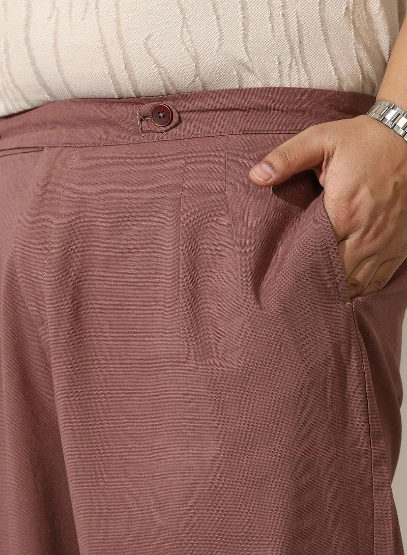 Instafab Plus  Men Linen-Blend Pleated Trousers | Mid-Rise, Double-Closure Extended Waistband | Button, Straight Hem | Solid Plain Woven Fabric For Casual & Daily | Grape Brown for Men | Best Price UAE