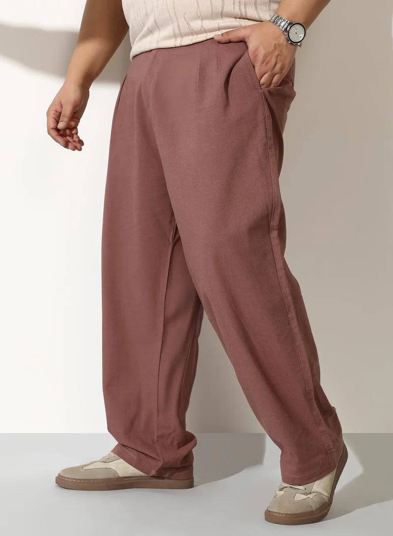 Instafab Plus  Men Linen-Blend Pleated Trousers | Mid-Rise, Double-Closure Extended Waistband | Button, Straight Hem | Solid Plain Woven Fabric For Casual & Daily | Grape Brown for Men | Best Price UAE