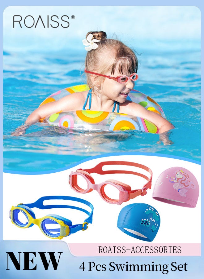 roaiss 4 Pcs Kids Swim Goggles and Caps Set, 2 Pcs HD Anti-fog Swimming Goggles and 2 Pcs Soft PU Cartoon Swim Caps, Beach Pool Swimming Gear for Boys and Girls - Image 1